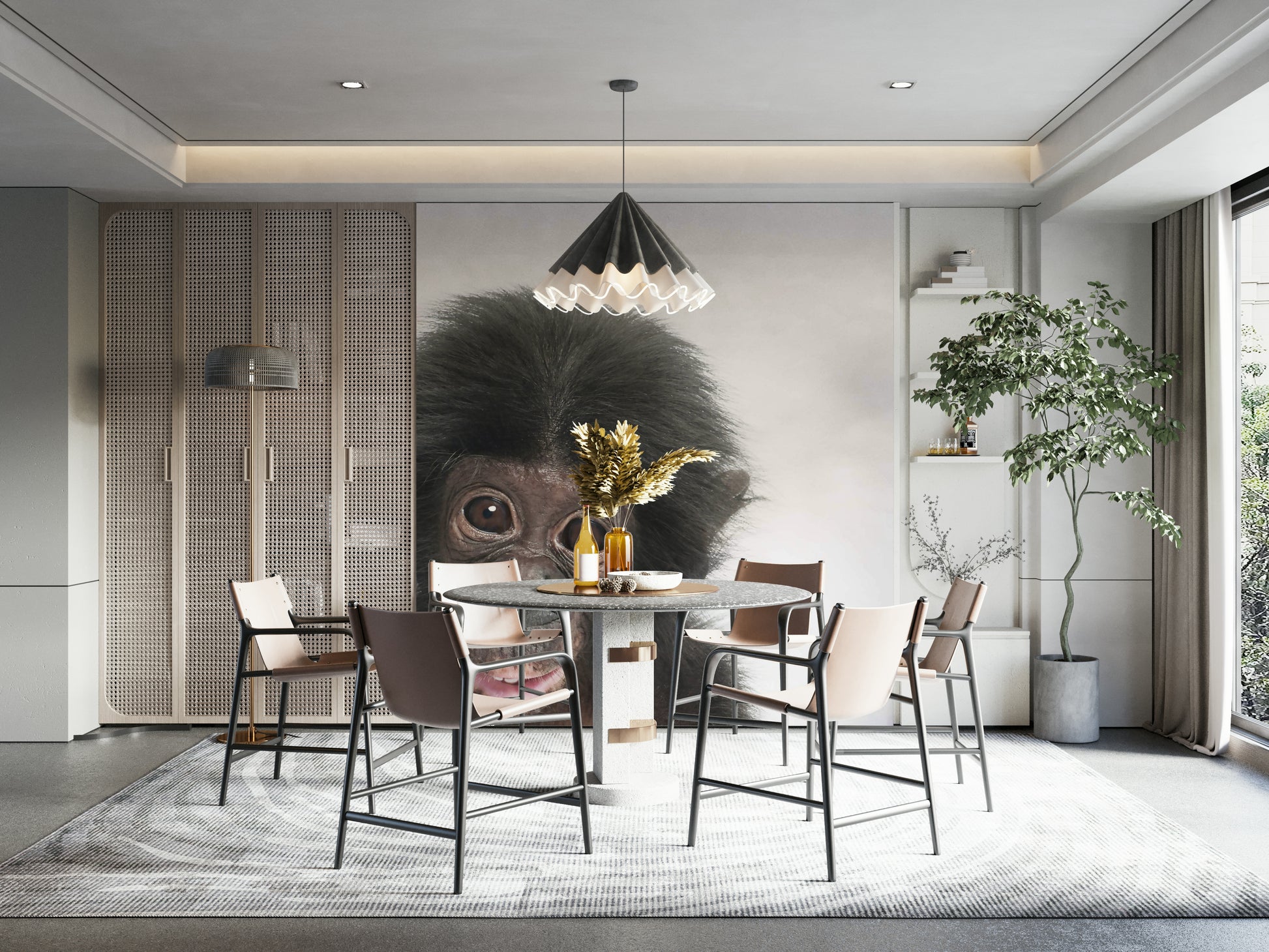 Adorable monkey mural in a tropical forest scene

