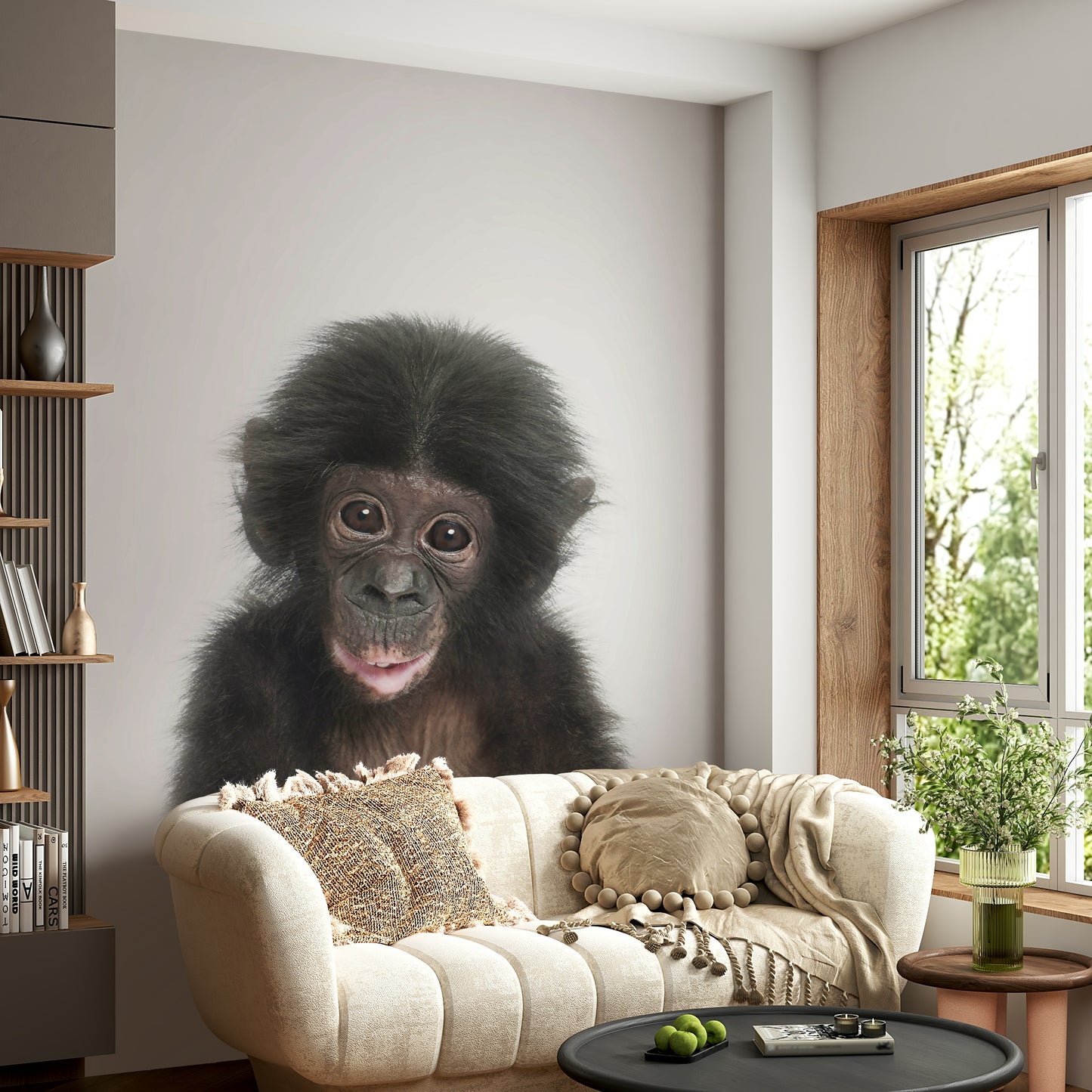 Cartoon baby monkey mural for kids’ nursery

