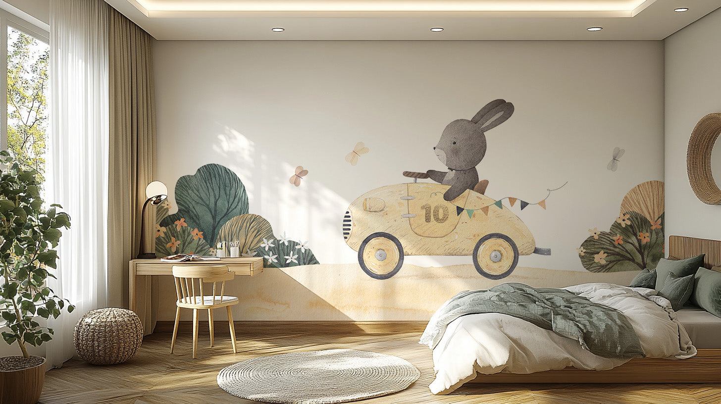 Playful Bunny Car Ride Kids wallpaper mural with a grey bunny in a yellow car in a bedroom with a wood desk and bed