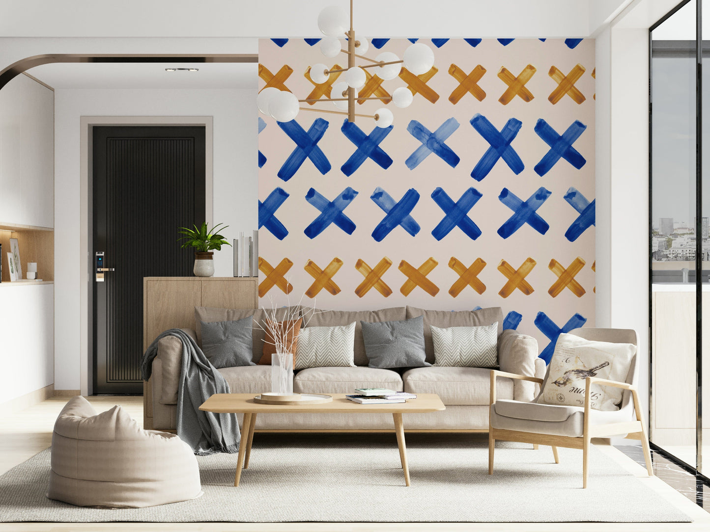 Expressive brushstroke crosses design adding movement and texture to walls.