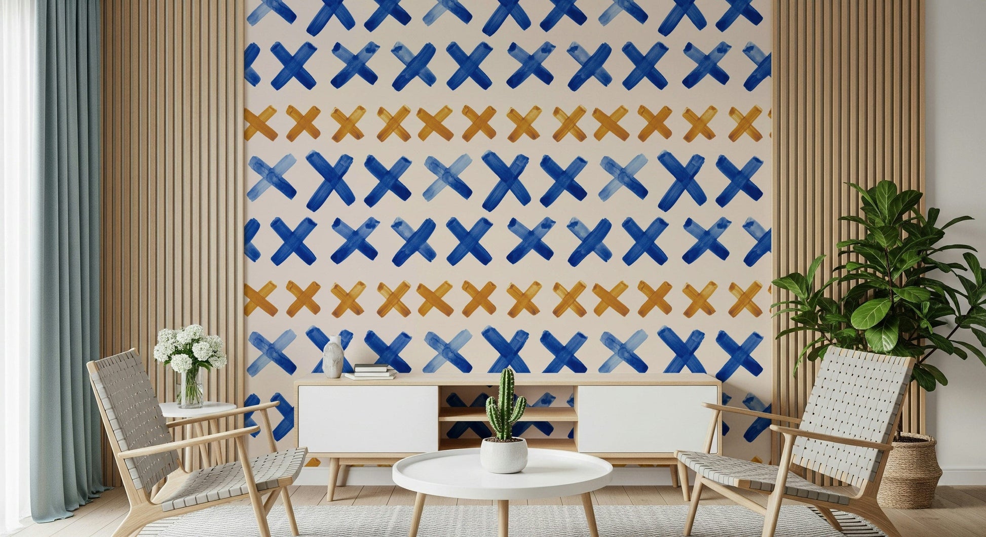 Contemporary wallpaper featuring repeated brushstroke cross motifs.