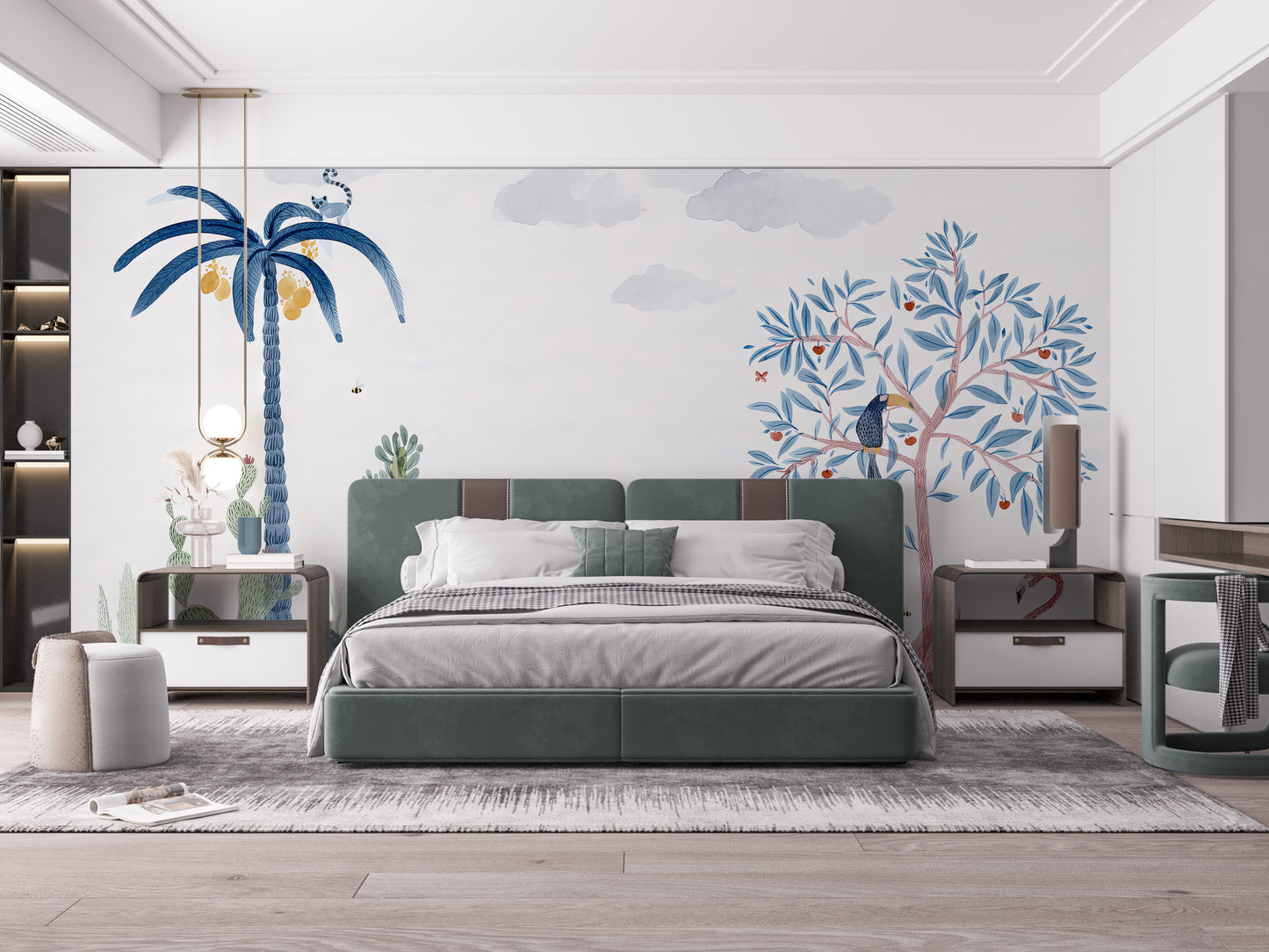 Whimsical jungle-themed wallpaper featuring wildlife design.