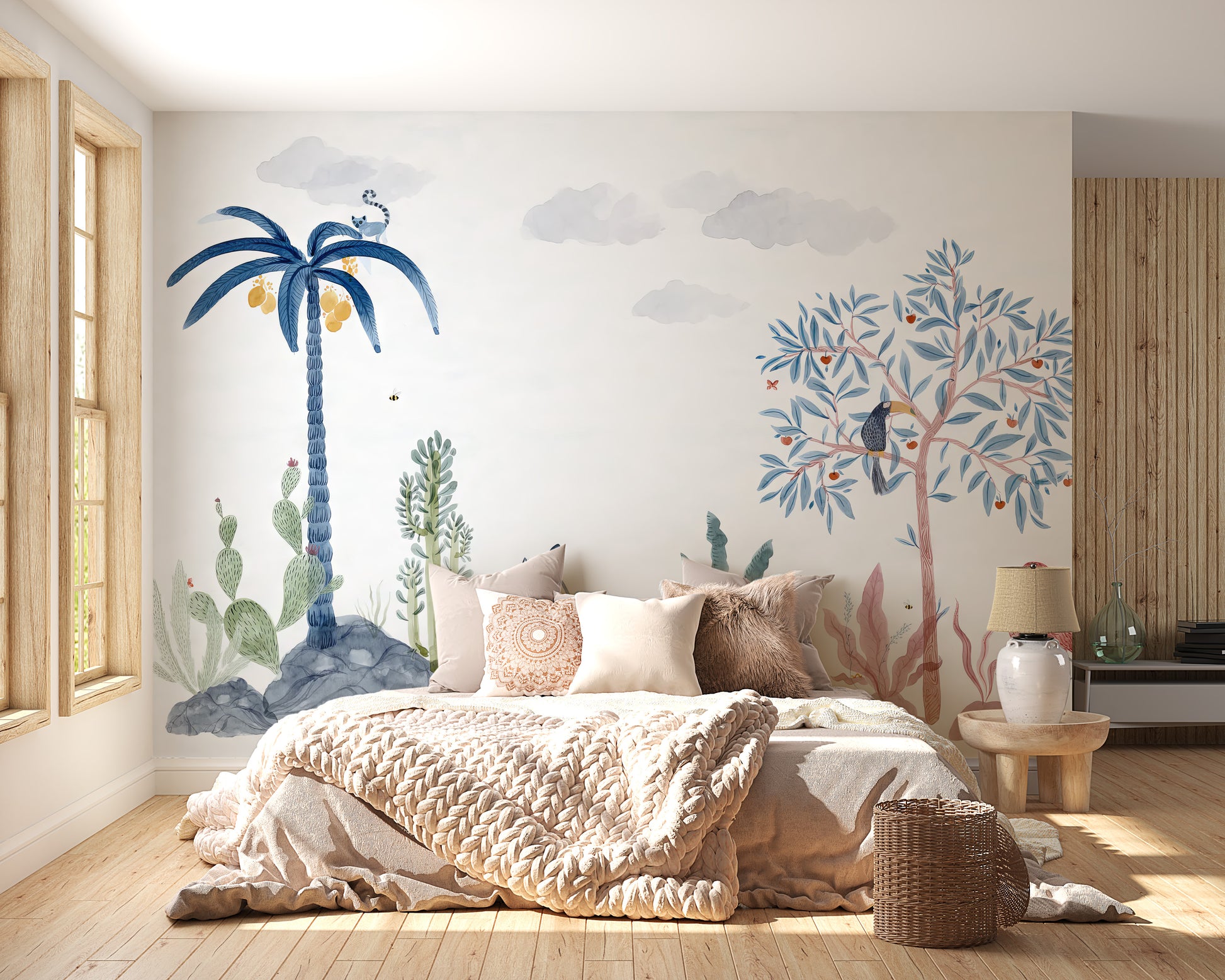 Kids' room wildlife mural wallpaper with playful animals.