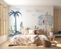 Kids' room wildlife mural wallpaper with playful animals.