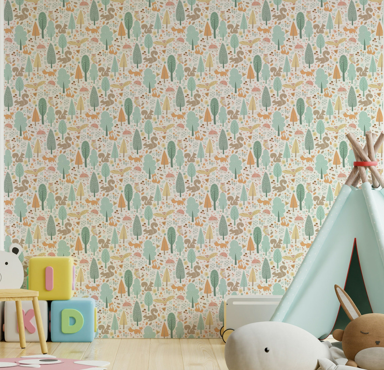 Playful woodland animals wallpaper for nursery

