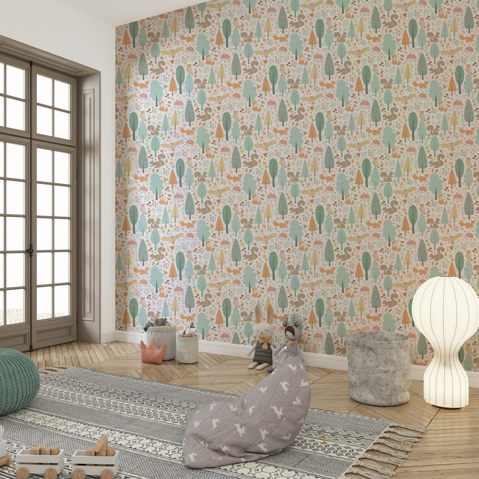 Whimsical woodland creatures on soft background

