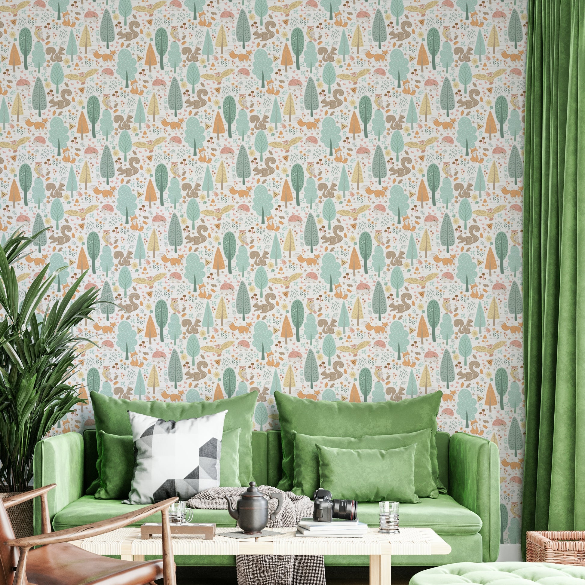Nursery wallpaper with deer, fox, and owls


