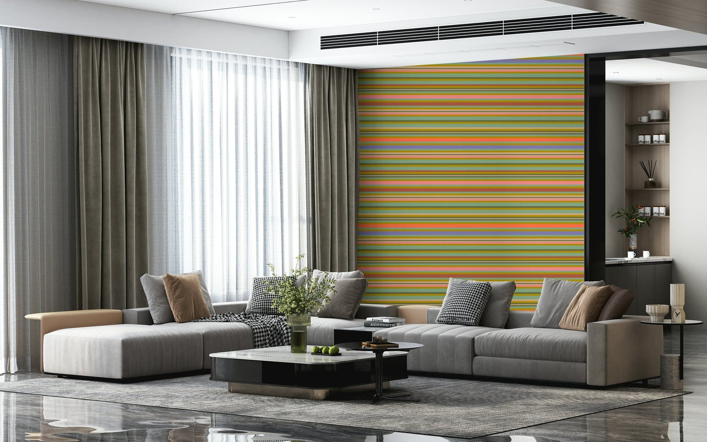 Wallpaper for walls, Vintage 1950s style, multiple colored bands, fun atmosphere.