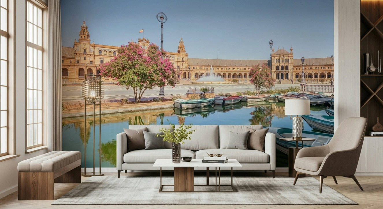 Plaza de España wall mural showing Seville architecture and tiled bridges