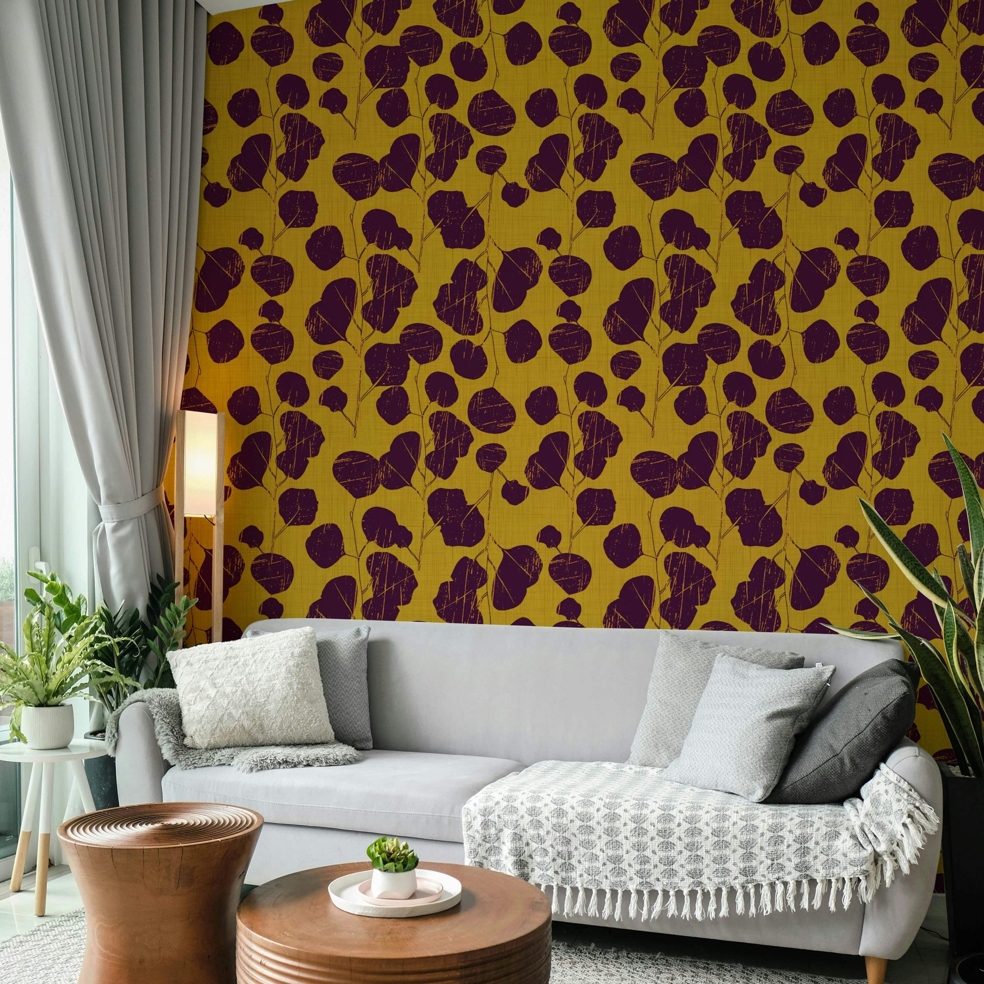 A bedroom with the floral mural behind the headboard.

