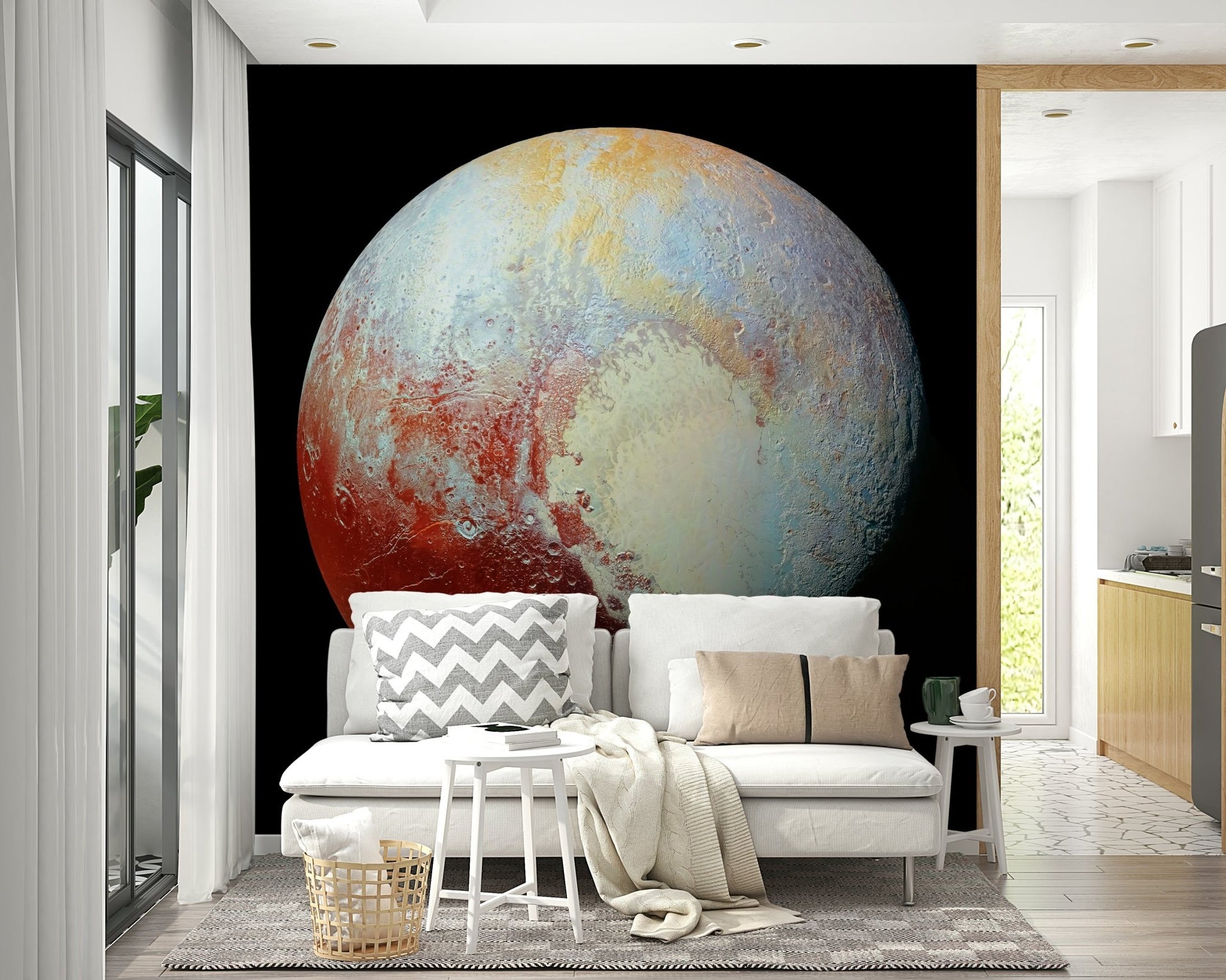 A close-up view shows the fine details of the planet's surface.

