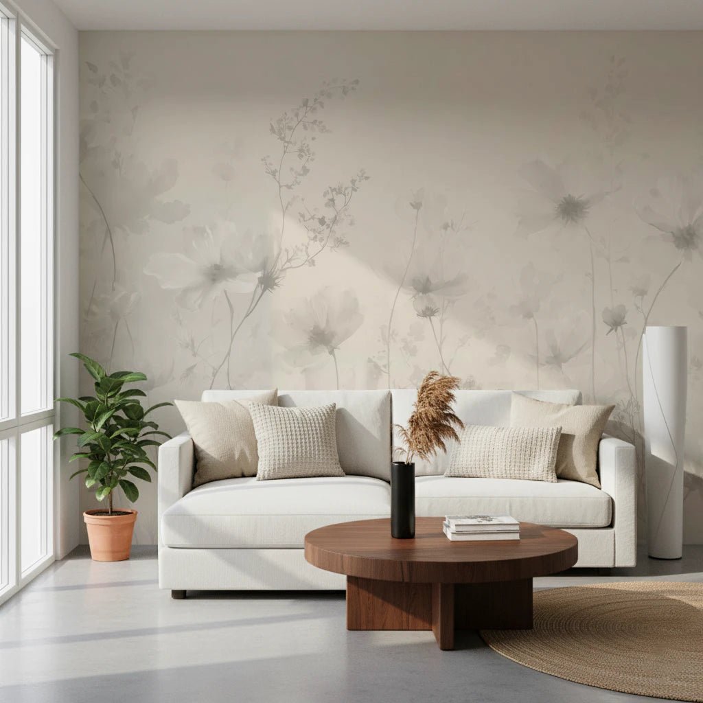 Poetic Soft Floral Linen wallpaper mural of greige wildflowers in a living room with a white sofa and round wood table