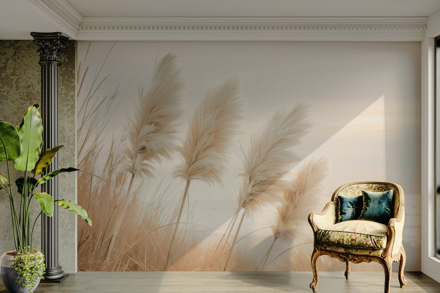Evening light casting a golden glow on pampas grass mural

