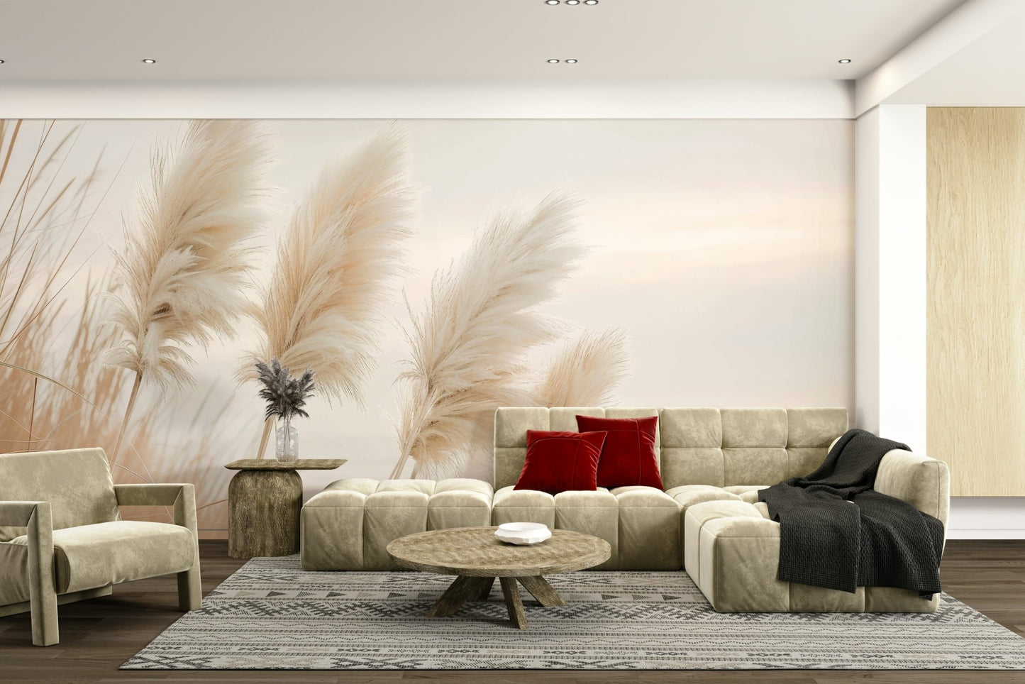 Calming wall mural with pampas grass and evening colors

