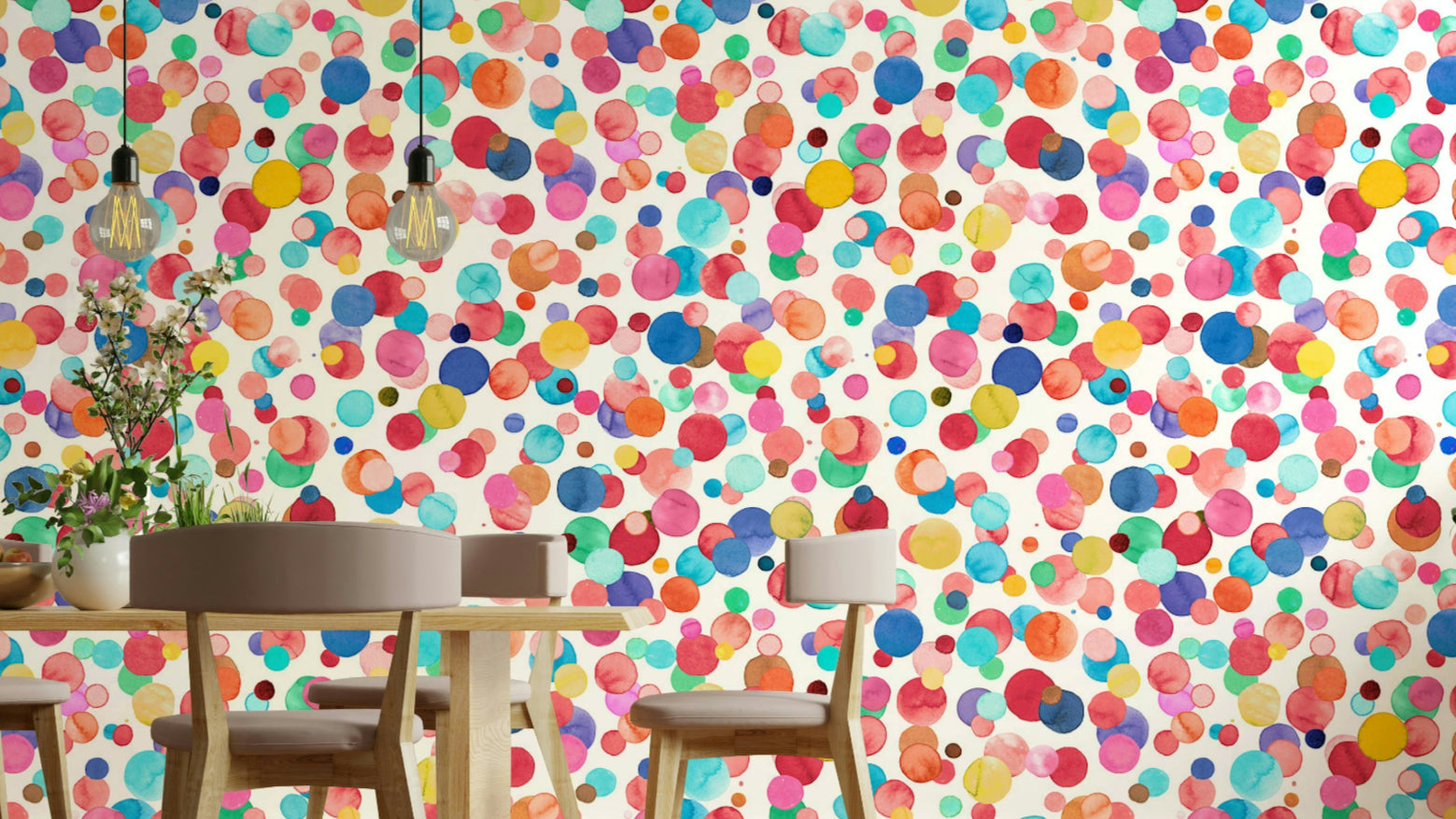 Polka Dots Watercolor Multicolor Wallpaper with soft colorful dots.

