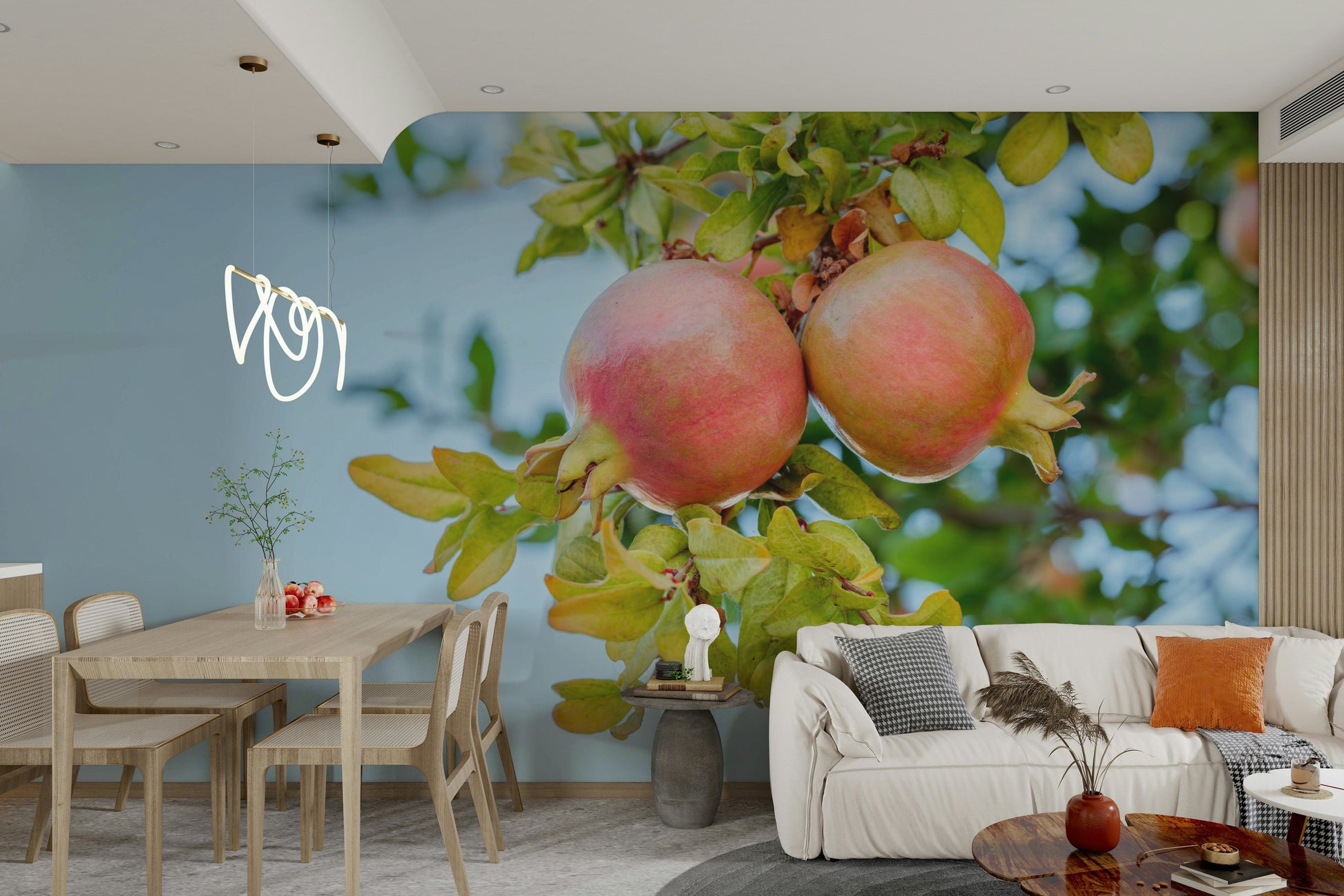 A calming botanical design wallpaper mural that defines a space.

