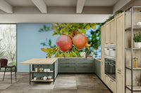 A graceful subtle pomegranate wall mural in rich, natural tones.


