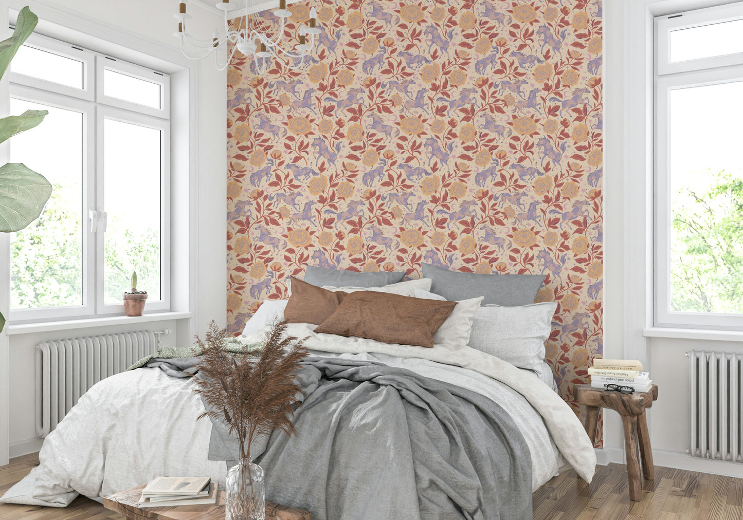 Country-style wallpaper with peonies and ponies


