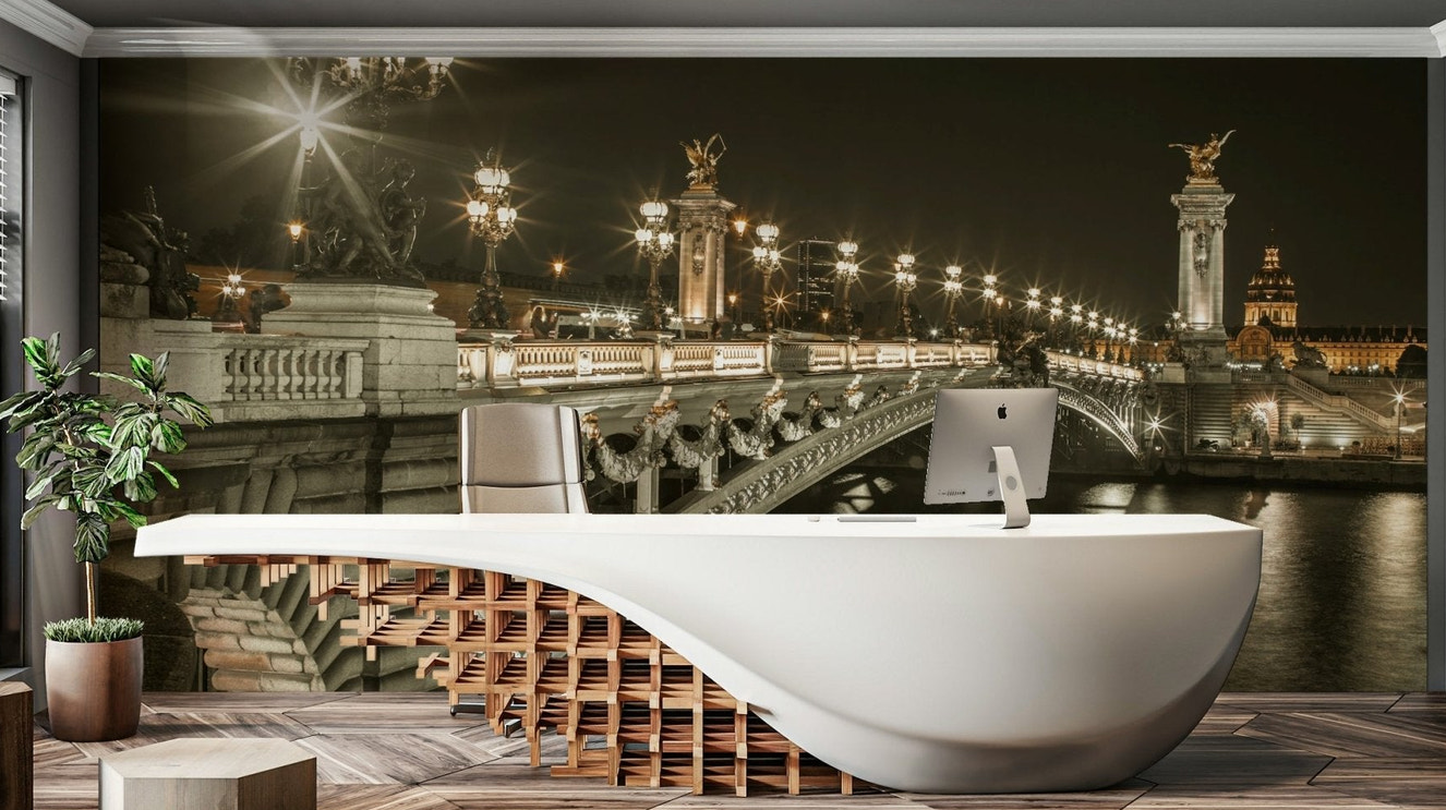 Parisian landmark with beautifully lit lamps on the bridge

