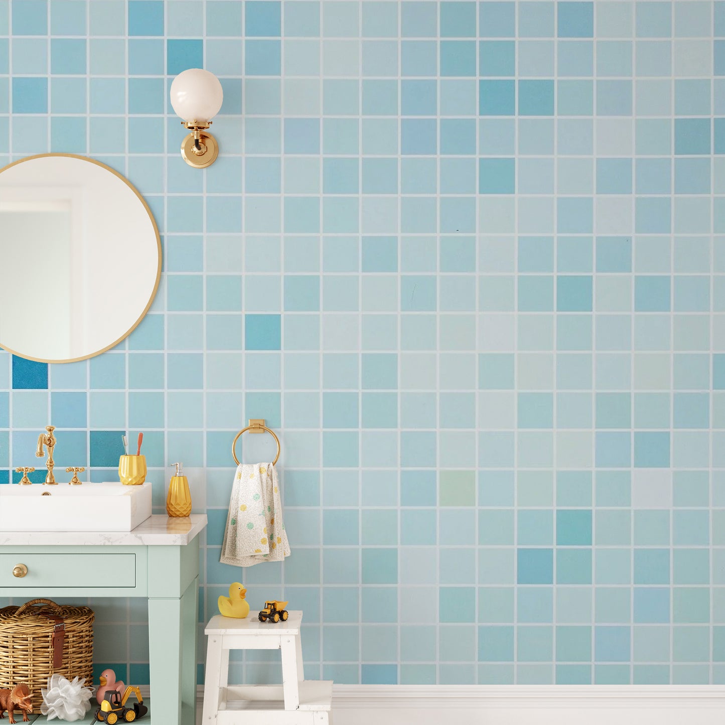 Blue Tiled wallpaper styled along a hallway feature wall near a console in blue tones