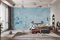 Blue Tiled wallpaper as a feature wall in a home office workspace in blue tones