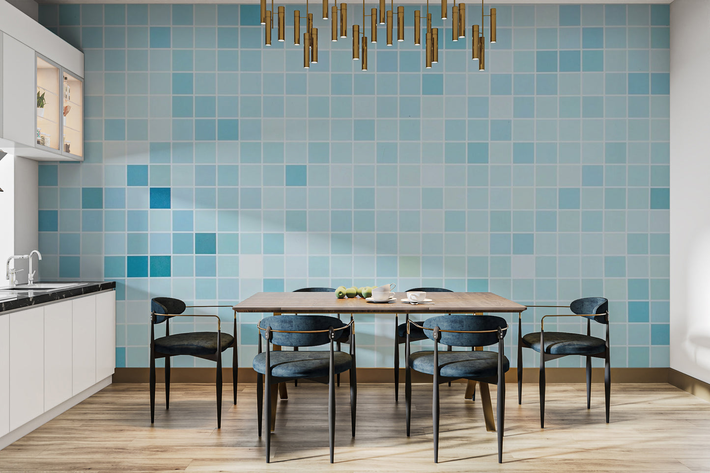 Blue Tiled wallpaper styled as a feature wall behind a dining table and chairs in blue tones
