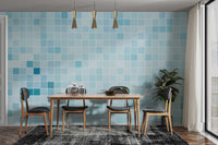 Blue Tiled wallpaper as a bedroom feature wall behind the headboard in blue tones