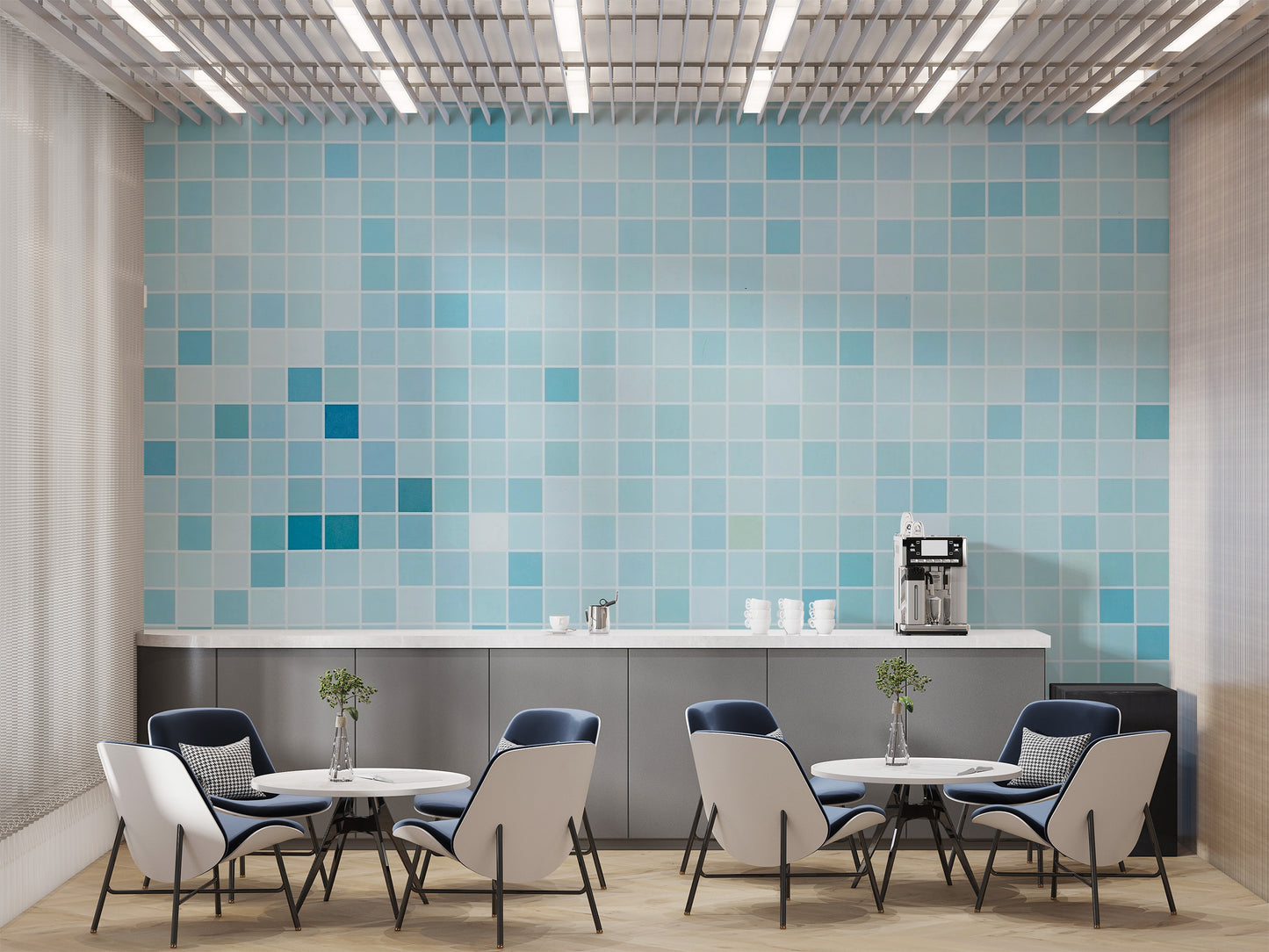 Blue Tiled wallpaper styled as a living room feature wall behind a sofa and seating in blue tones