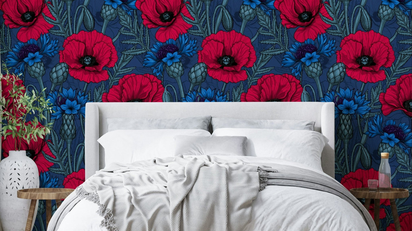 Bright red poppies and blue cornflowers wallpaper

