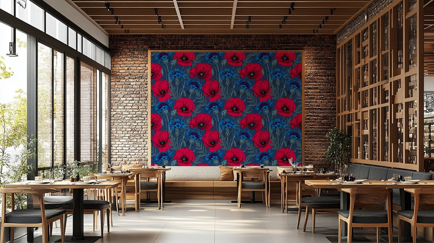 Nature-inspired wallpaper with poppies and cornflowers


