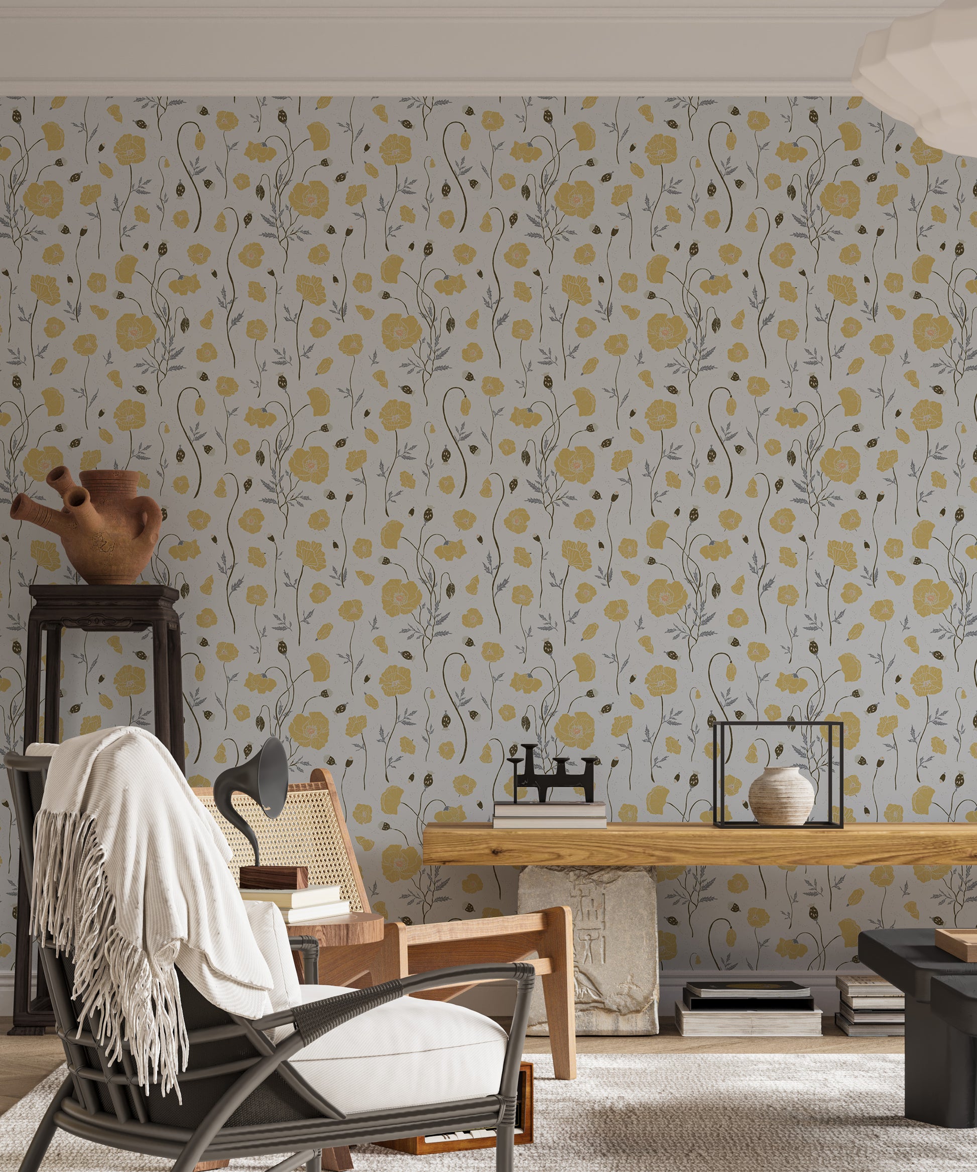 Poppies Garden Wallpaper used as a chimney breast feature in a cosy flat.
