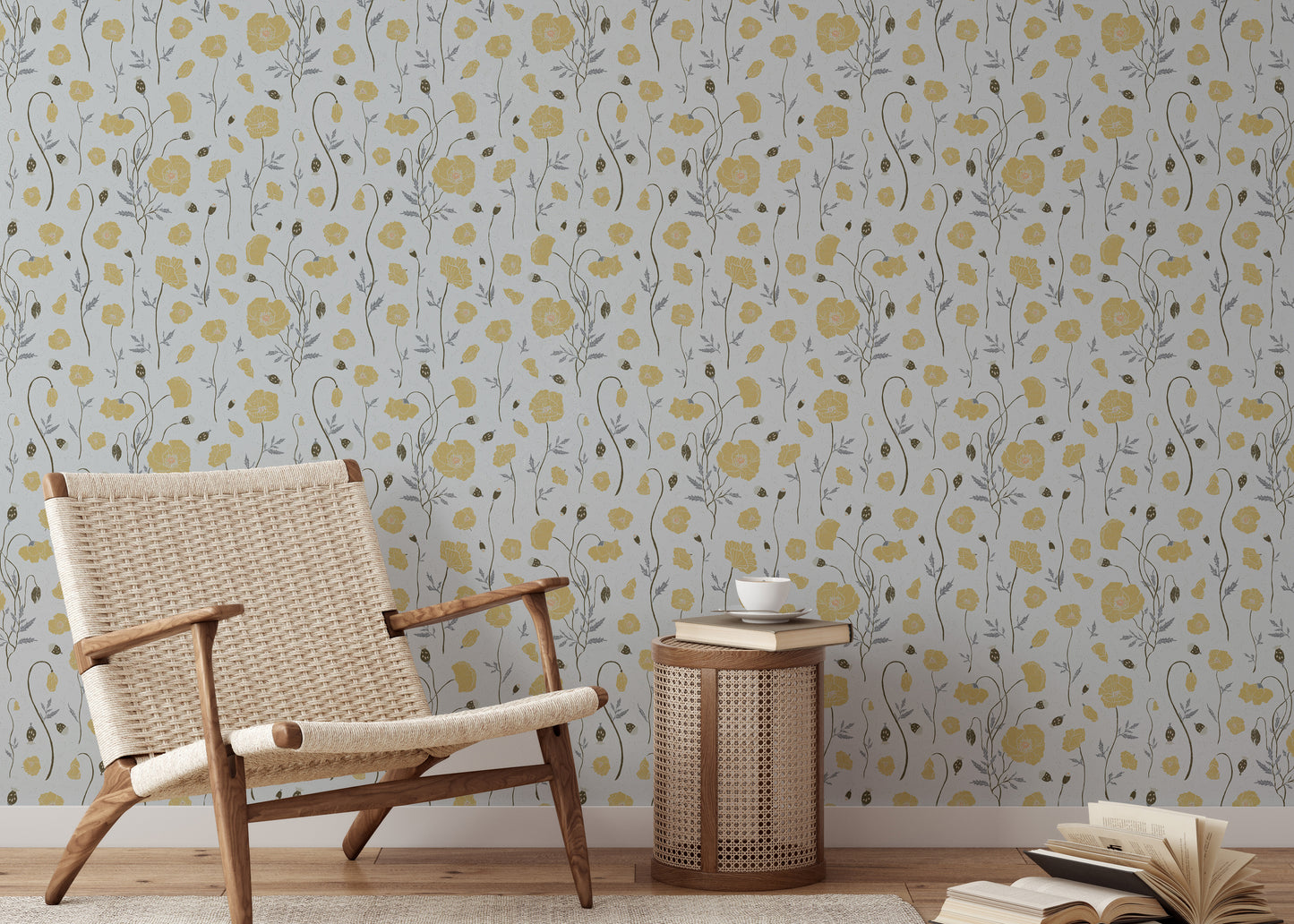 Detail of a textured wallpaper finish with poppy motifs for a nursery.