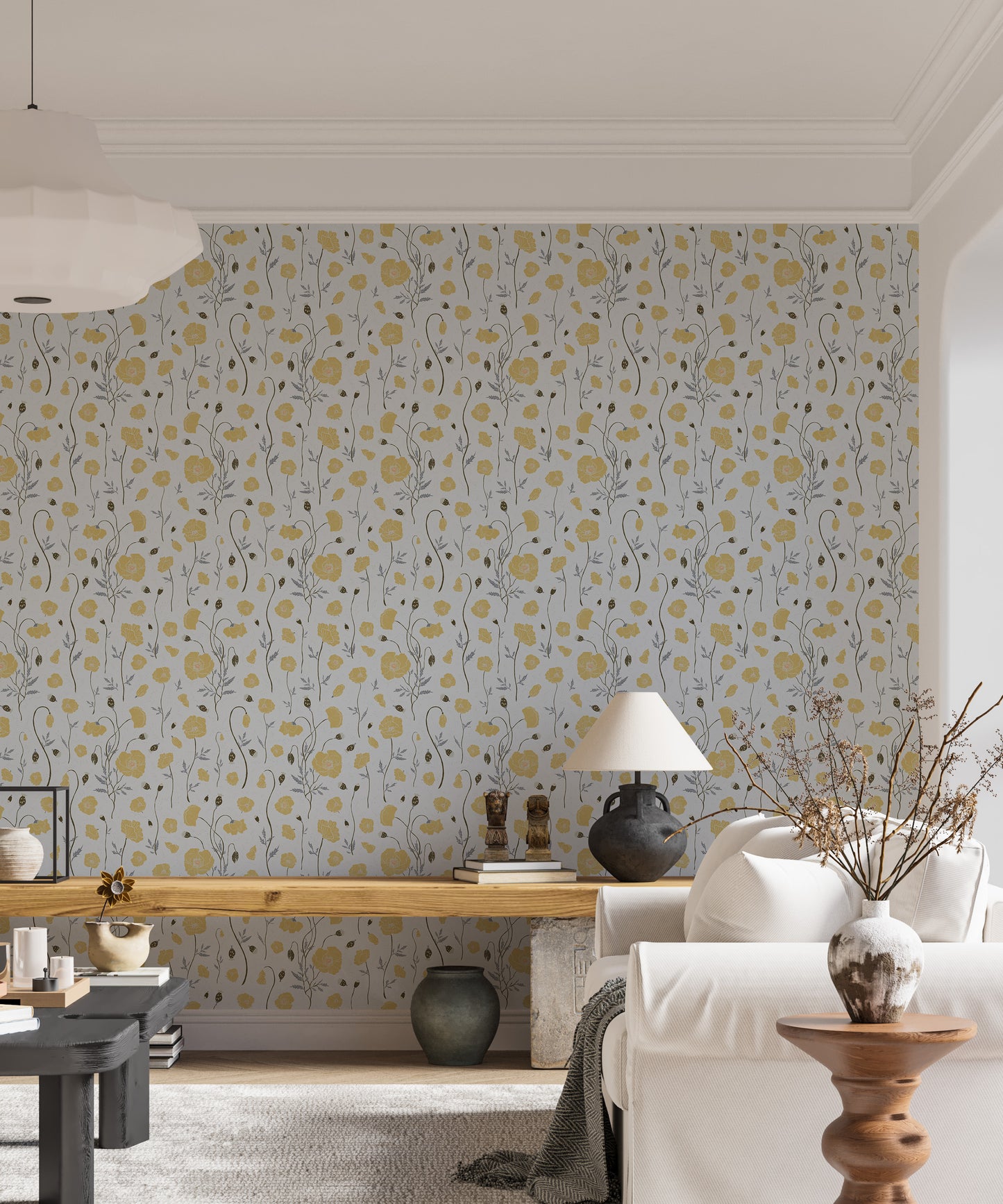 Close up of red poppy petals on high-quality wallpaper for a master suite.