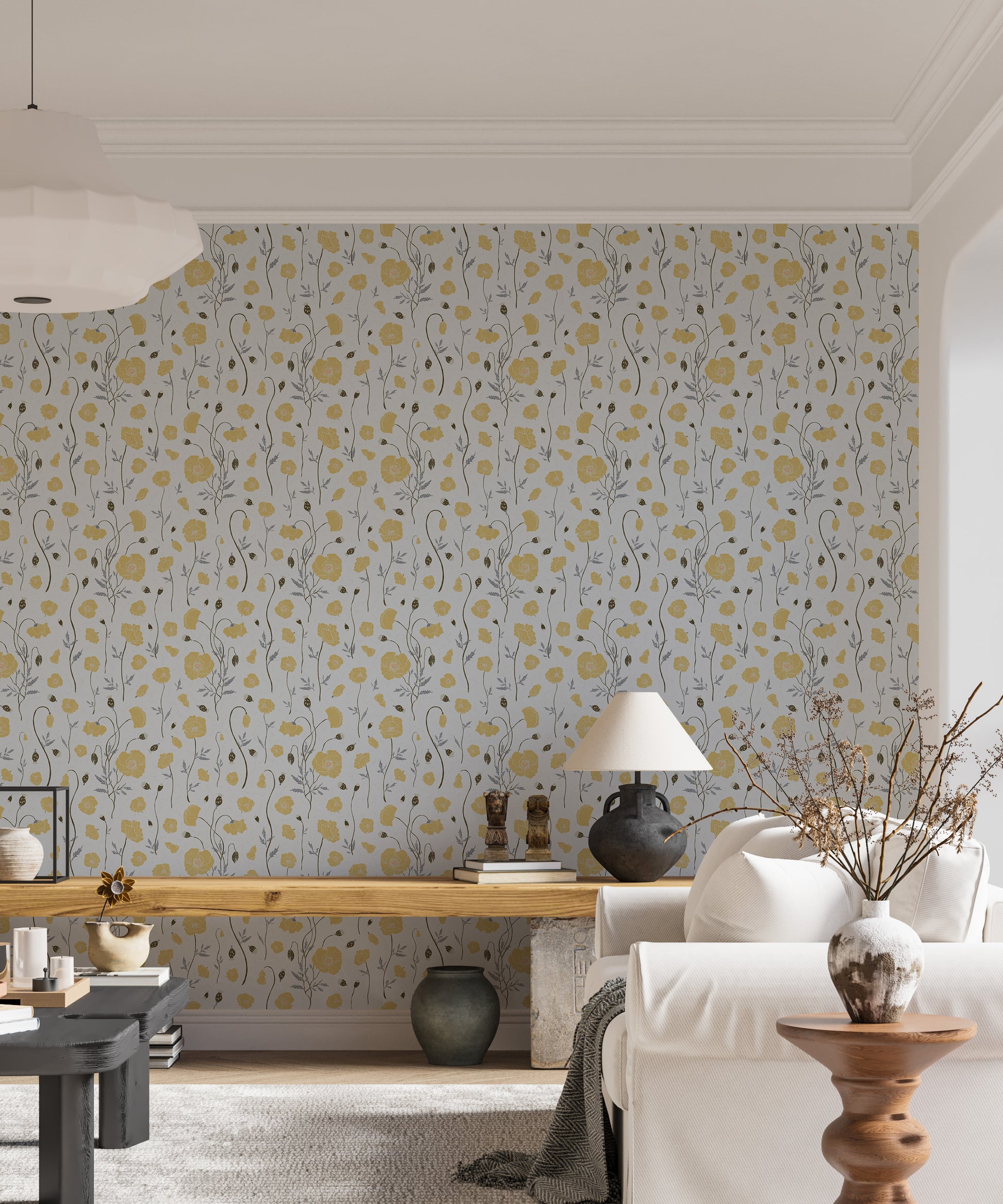 Close up of red poppy petals on high-quality wallpaper for a master suite.