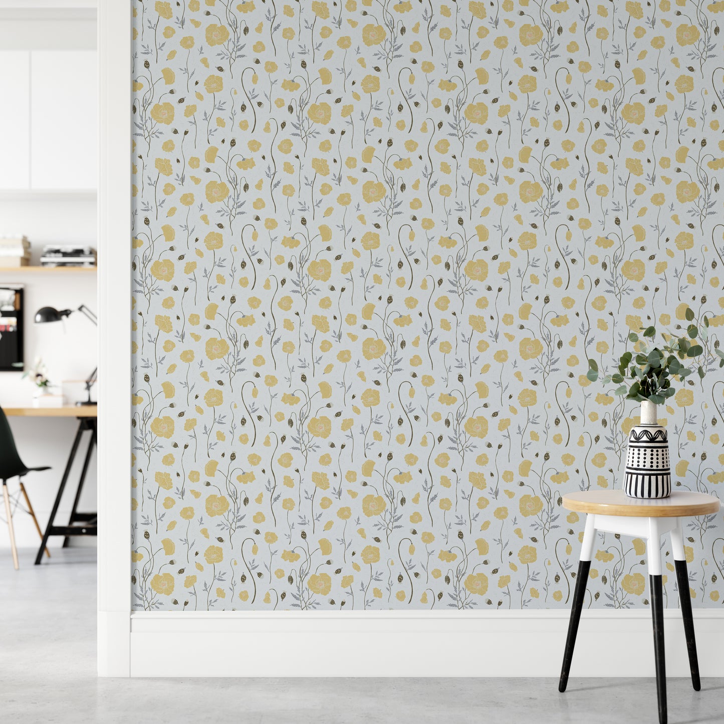 Elegant flat interior featuring Poppies Garden Wallpaper in a guest bedroom.