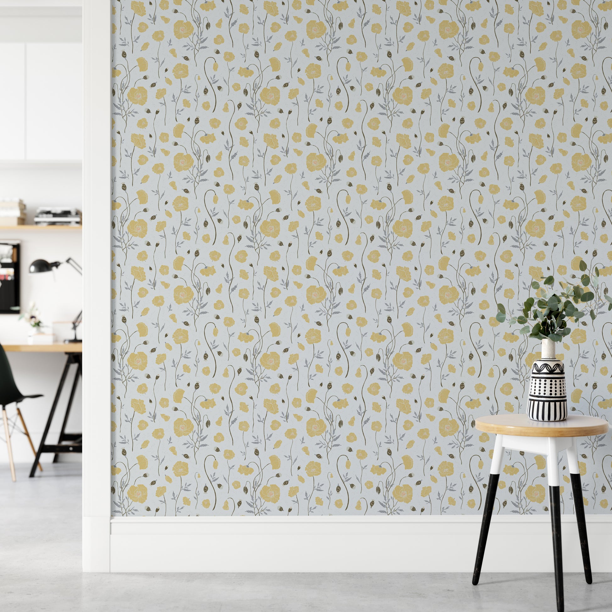 Elegant flat interior featuring Poppies Garden Wallpaper in a guest bedroom.