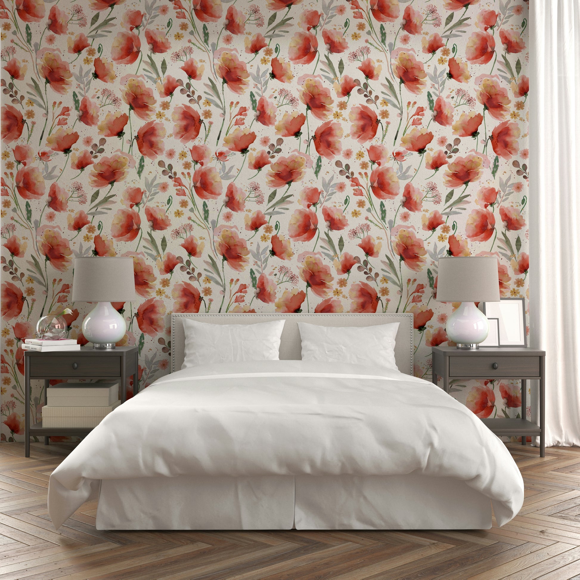 Wallpaper with scattered poppy blossoms on a pale base.

