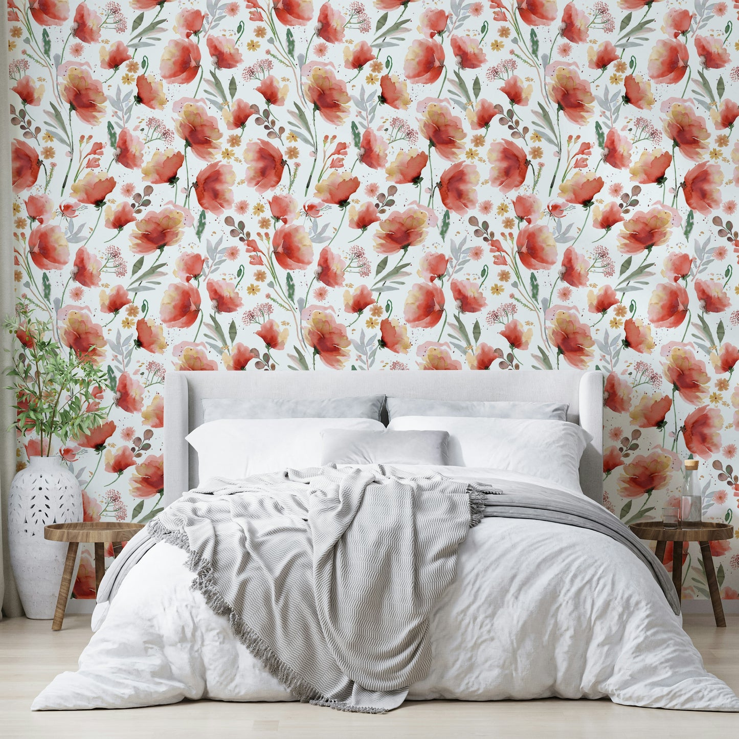 Orange wildflower wallpaper with a breezy meadow feel.

