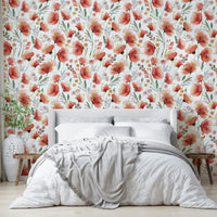 Orange wildflower wallpaper with a breezy meadow feel.

