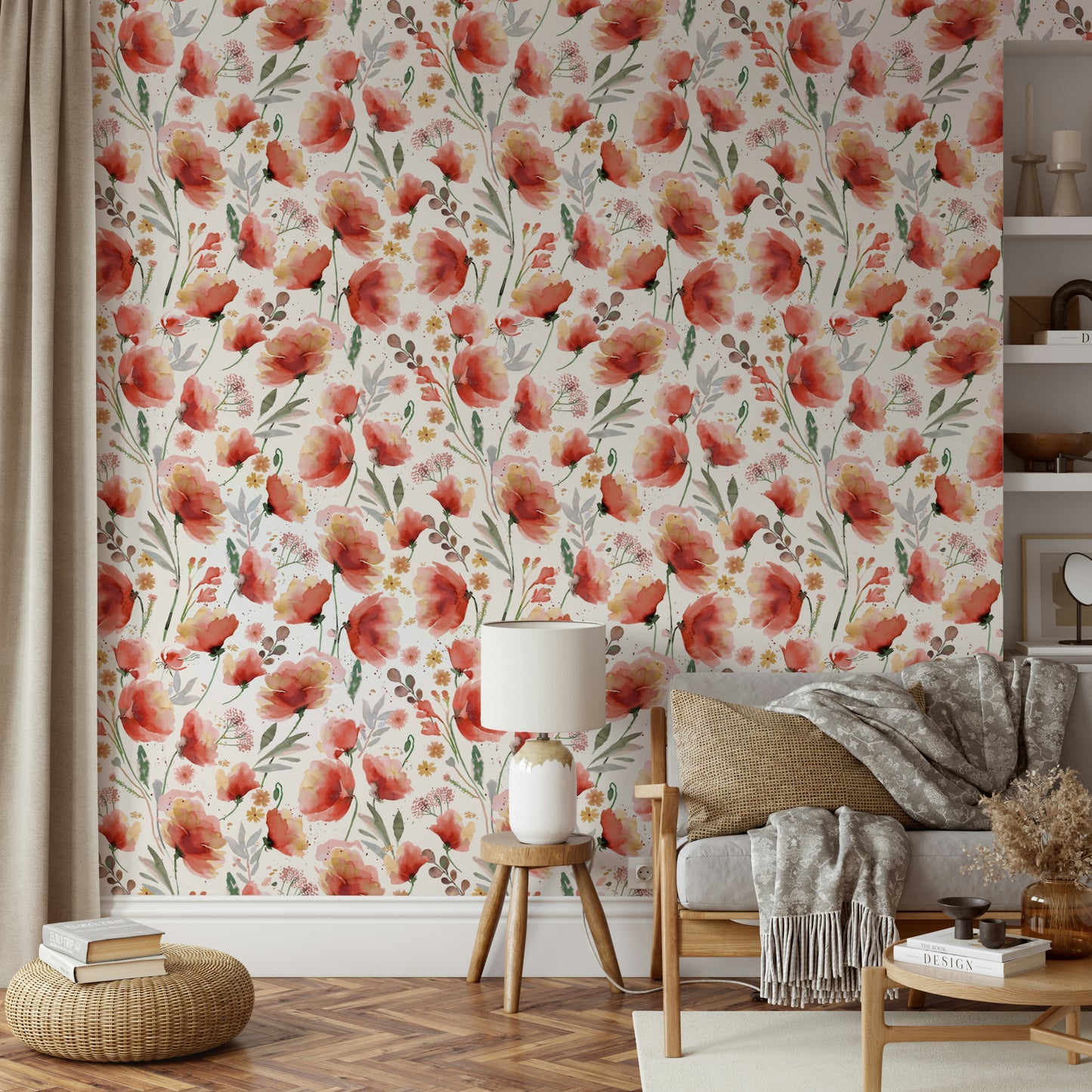 Light and airy floral mural with orange meadow poppies.

