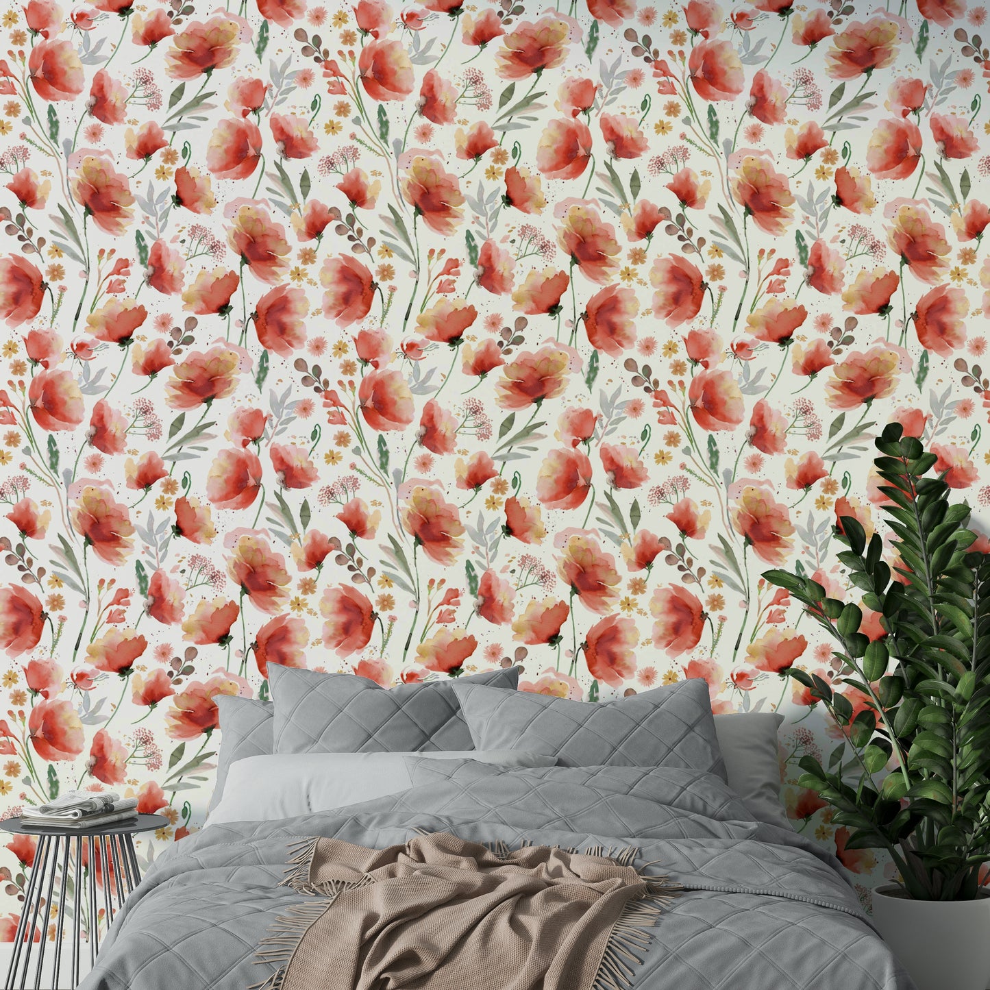 Wallpaper featuring soft orange poppies on a neutral background.

