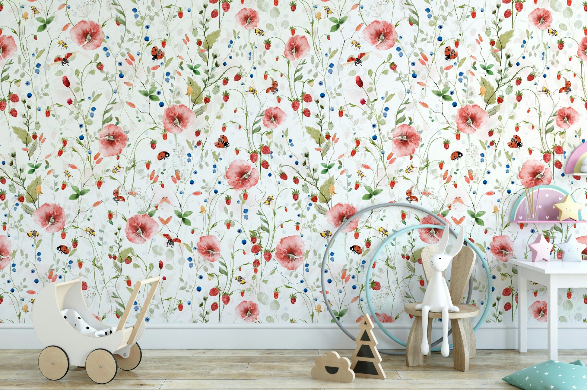 The mural shows a hand-painted scene with berries and flowers.


