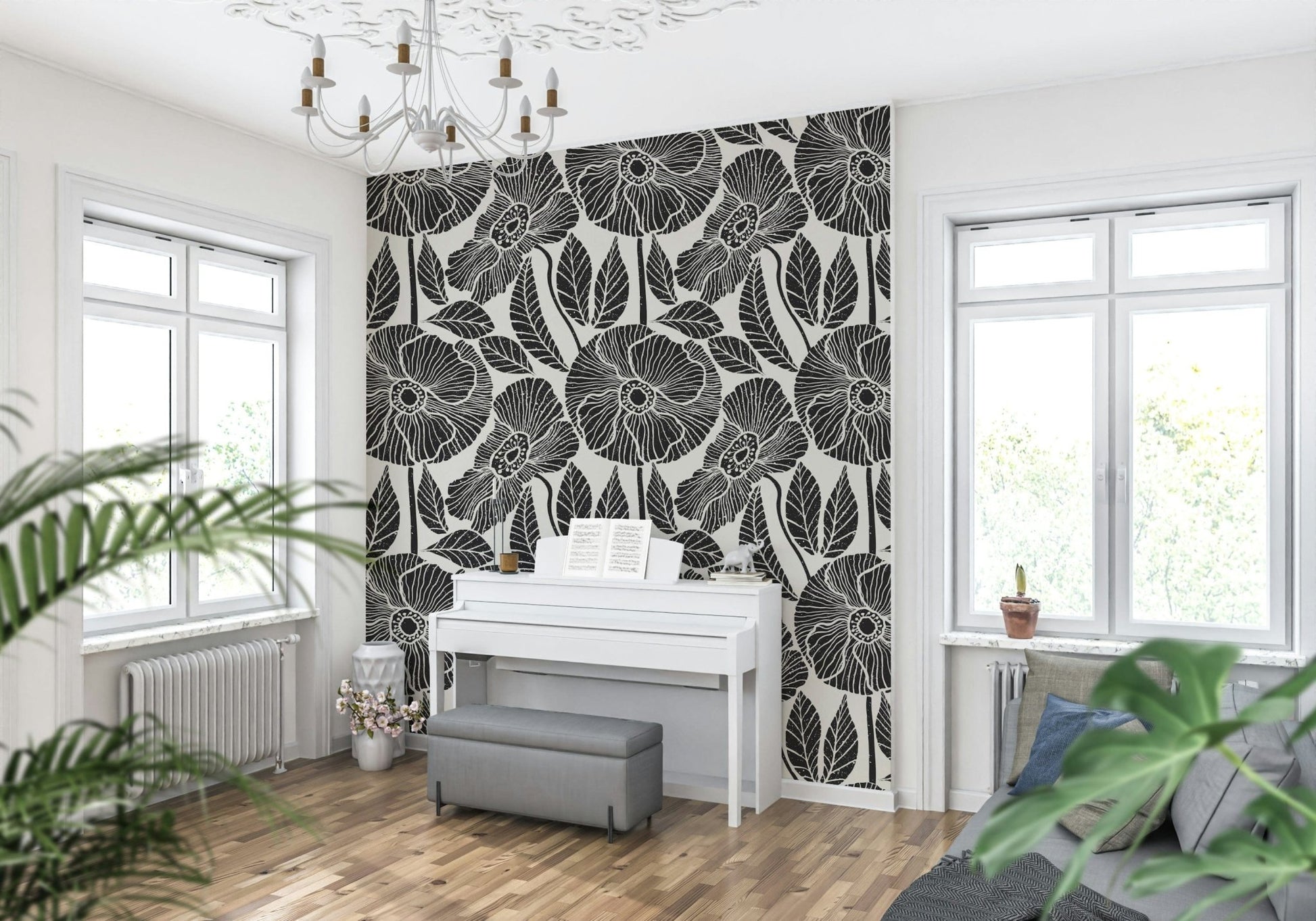 Jumbo Poppy floral engraving, high-contrast black white decorative mural panel.