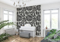 Jumbo Poppy floral engraving, high-contrast black white decorative mural panel.