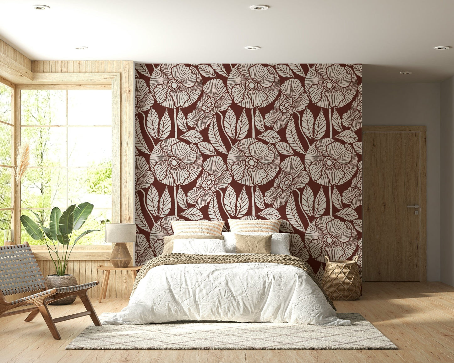 Playful hand-drawn poppies, antique maroon wall mural, Burgundy Block.