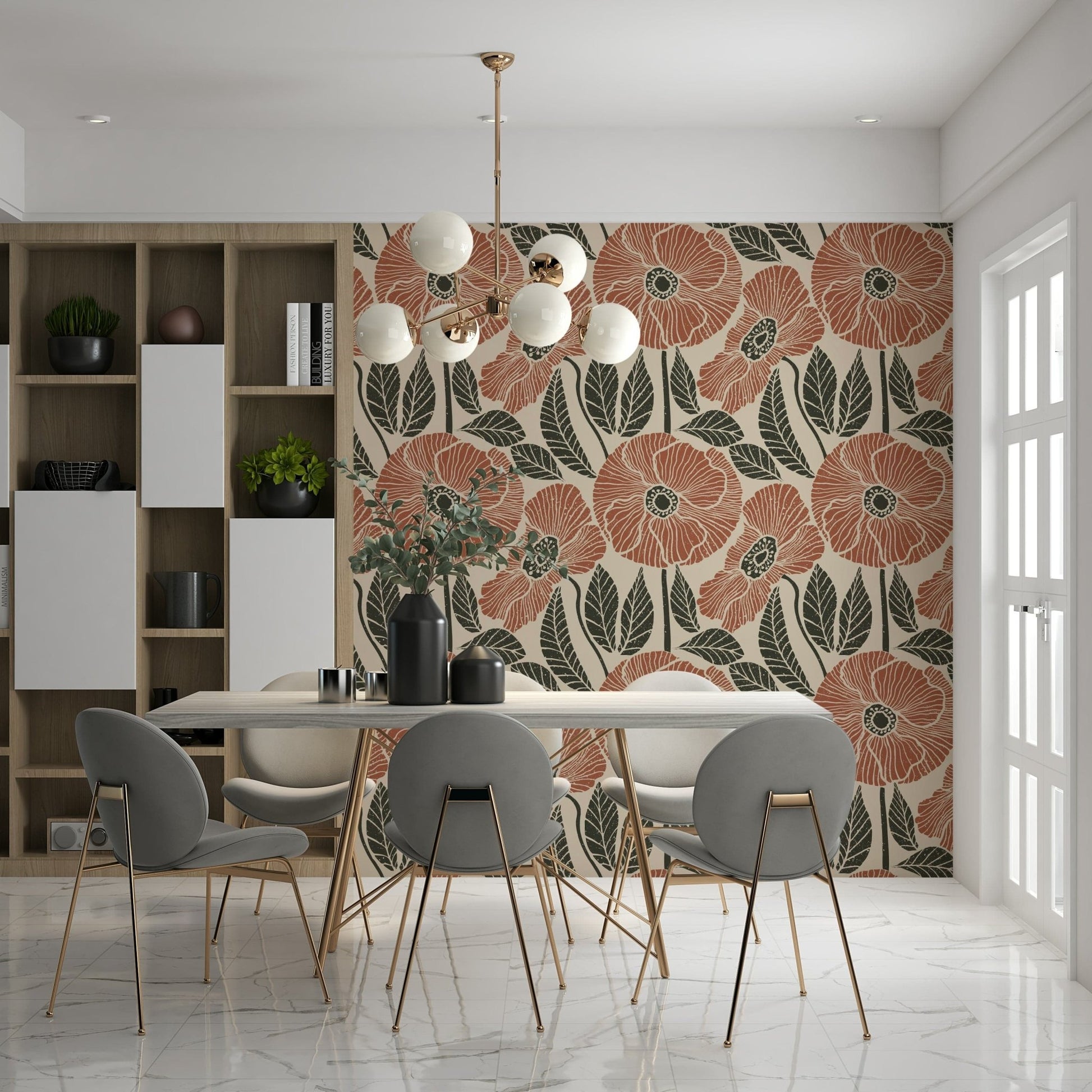 Monochrome floral pattern for Poppy Floral Modern Rustic Block cozy wallpaper.