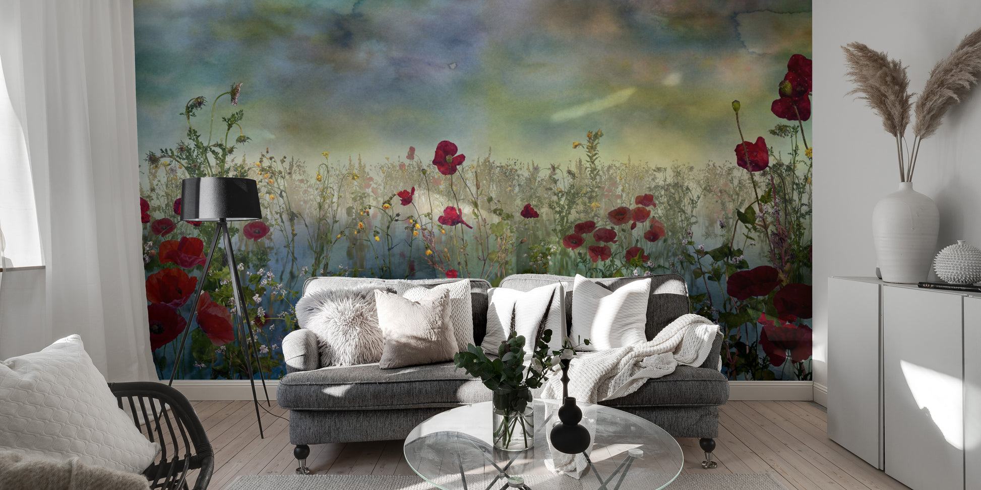 Elegant blue poppy flower wallpaper for serene and modern interiors.