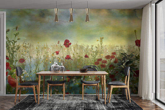 Poppy Flower Watercolor Green wallpaper mural of red poppies and a green sky above a wooden dining table and grey chairs