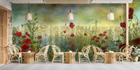 Soft poppy flower watercolor wallpaper with green tones for a serene vibe.