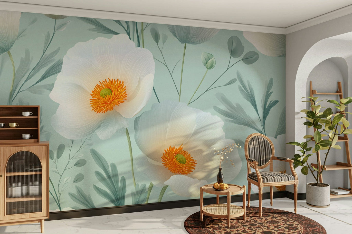 The poppies are depicted with soft lines and natural forms.
